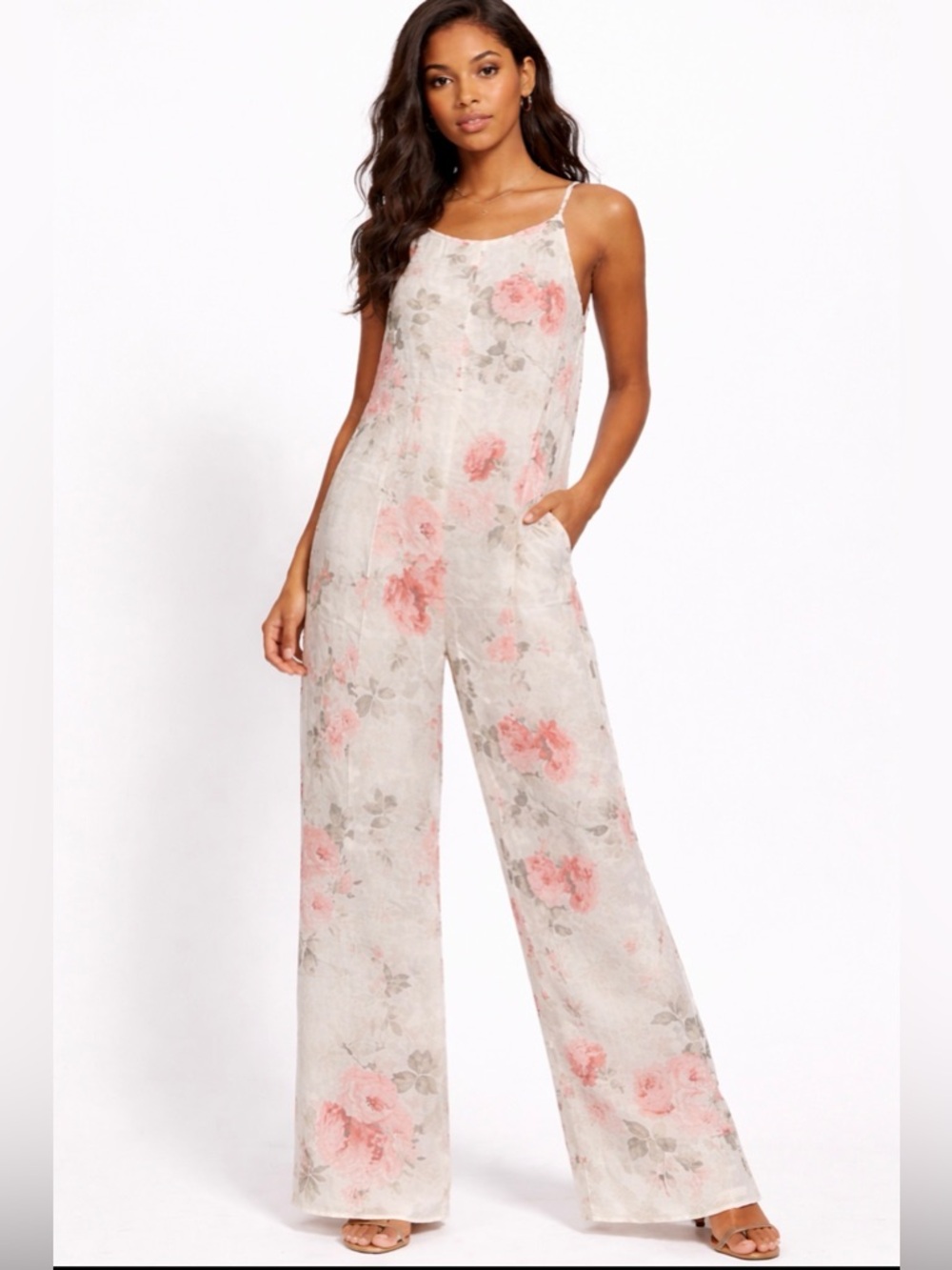 LUXVEER White Pink Floral Jumpsuit Overalls women’s Size Small NWT